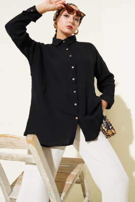 Pazarium - Bilek Düğmeli Basic Gömlek Siyah