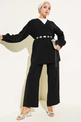 Pazarium - Bebe Yaka İp Kuşaklı İkili Takım Siyah