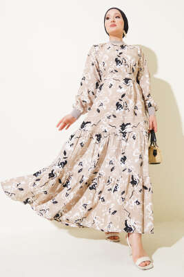 Pazarium - Etek Pileli Çiçek Desenli Elbise Bej