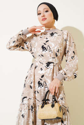 Etek Pileli Çiçek Desenli Elbise Bej - Thumbnail