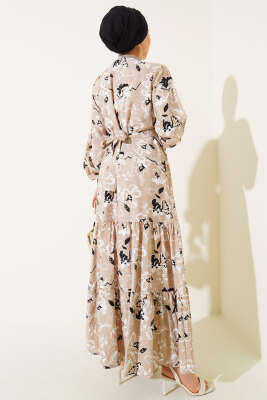Etek Pileli Çiçek Desenli Elbise Bej - Thumbnail