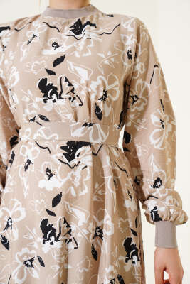Etek Pileli Çiçek Desenli Elbise Bej - Thumbnail