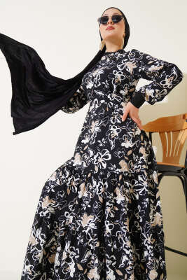 Pazarium - Etek Pileli Çiçek Desenli Elbise Siyah