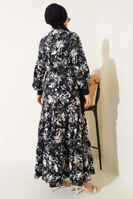 Etek Pileli Çiçek Desenli Elbise Siyah - Thumbnail