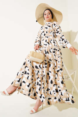 Pazarium - Yaka Ribanalı Desenli Elbise Bej