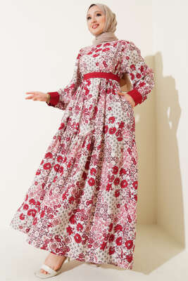 Pazarium - Mini Çiçek Desenli Elbise Bordo