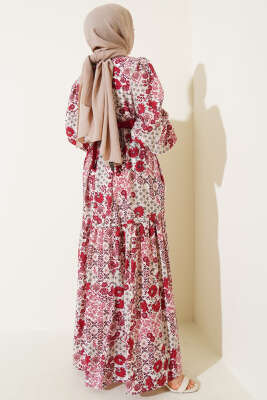 Mini Çiçek Desenli Elbise Bordo - Thumbnail