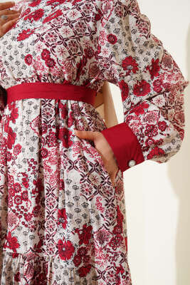 Mini Çiçek Desenli Elbise Bordo - Thumbnail