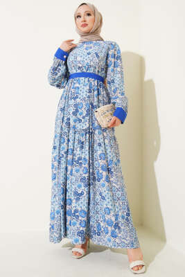 Mini Çiçek Desenli Elbise Saks - Thumbnail