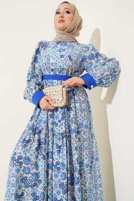 Mini Çiçek Desenli Elbise Saks - Thumbnail