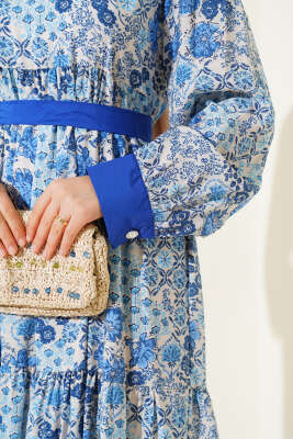 Mini Çiçek Desenli Elbise Saks - Thumbnail