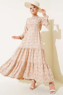 Pazarium - Etek Pileli Kol Pileli Desen Elbise Bej