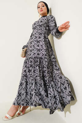 Pazarium - Etek Pileli Kol Pileli Desen Elbise Siyah