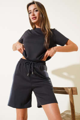 Pazarium - Mini Taş Detaylı İkili Takım Füme