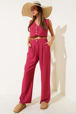 Pazarium - Kolsuz Düğmeli Yelekli İkili Takım Bordo