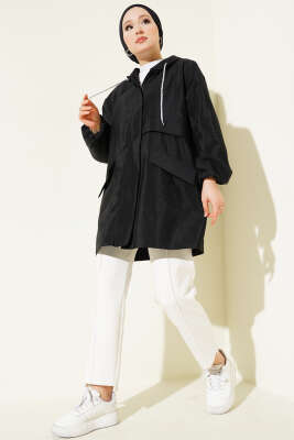 Çift Cepli Gizli Fermuarlı Kap Siyah - Thumbnail