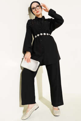 Pazarium - Süslemeli İp Kuşaklı İkili Takım Siyah