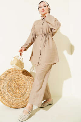 Pazarium - Süslemeli İp Kuşaklı İkili Takım Vizon