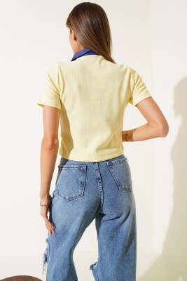 Gömlek Yaka Fitilli Bluz Sarı - Thumbnail