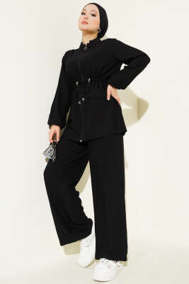 Pazarium - Sahte Cepli Bel Tünelli İkili Takım Siyah