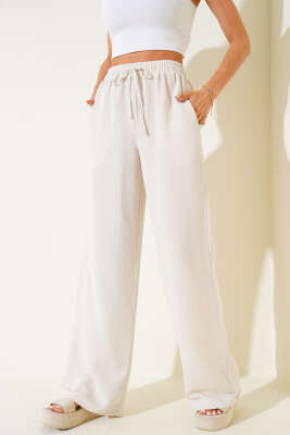 Geniş Paça Keten Pantolon Bej - Thumbnail