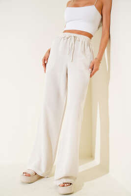 Geniş Paça Keten Pantolon Bej - Thumbnail