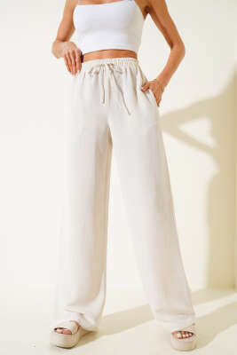 Geniş Paça Keten Pantolon Bej - Thumbnail