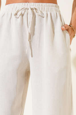 Geniş Paça Keten Pantolon Bej - Thumbnail