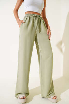 Geniş Paça Keten Pantolon Çağla Yeşili - Thumbnail