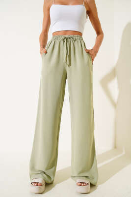 Geniş Paça Keten Pantolon Çağla Yeşili - Thumbnail