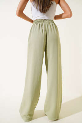 Geniş Paça Keten Pantolon Çağla Yeşili - Thumbnail