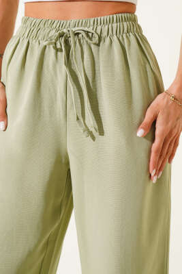 Geniş Paça Keten Pantolon Çağla Yeşili - Thumbnail