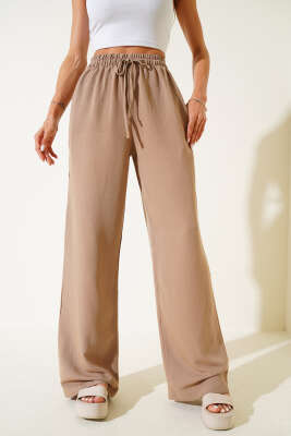 Geniş Paça Keten Pantolon Vizon - Thumbnail