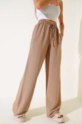 Geniş Paça Keten Pantolon Vizon - Thumbnail