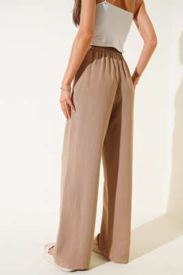 Geniş Paça Keten Pantolon Vizon - Thumbnail