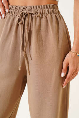 Geniş Paça Keten Pantolon Vizon - Thumbnail