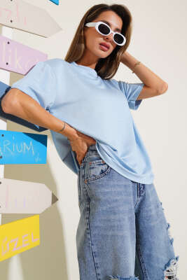 Pazarium - Taş Kristal T-shirt Mavi