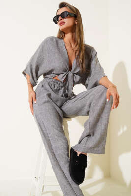 Önü Bağlamalı İkili Takım Gri - Thumbnail