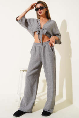 Önü Bağlamalı İkili Takım Gri - Thumbnail