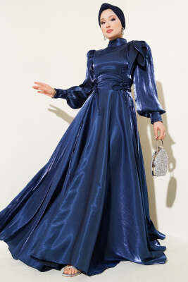 Pazarium - Omuz Fiyonklu Parlak Abiye Elbise Lacivert