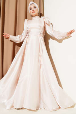 Pazarium - Omuz Fiyonklu Parlak Abiye Elbise Bej