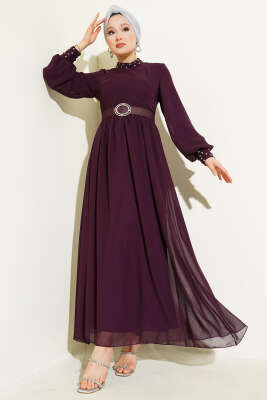 Pazarium - Taş Detaylı Kemerli Şifon Elbise Mürdüm