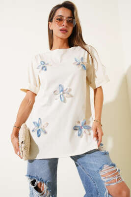 Duble Kol Tül Çiçekli T-shirt Bej - Thumbnail