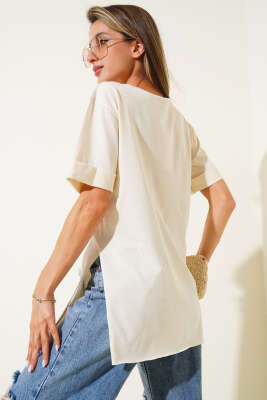 Duble Kol Tül Çiçekli T-shirt Bej - Thumbnail