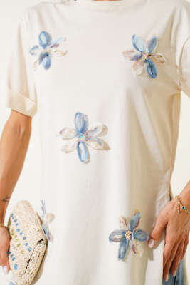 Duble Kol Tül Çiçekli T-shirt Bej - Thumbnail