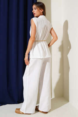 Kruvaze Kuşaklı İkili Takım Beyaz - Thumbnail