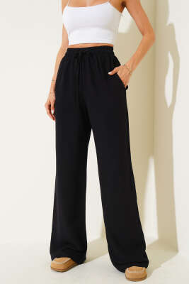 Geniş Paça Keten Pantolon Siyah - Thumbnail