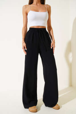 Geniş Paça Keten Pantolon Siyah - Thumbnail