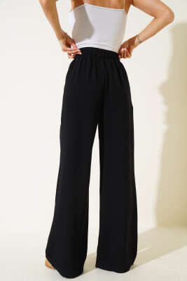 Geniş Paça Keten Pantolon Siyah - Thumbnail