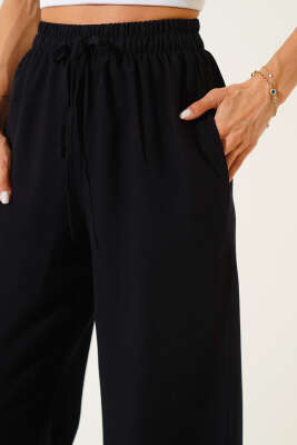 Geniş Paça Keten Pantolon Siyah - Thumbnail